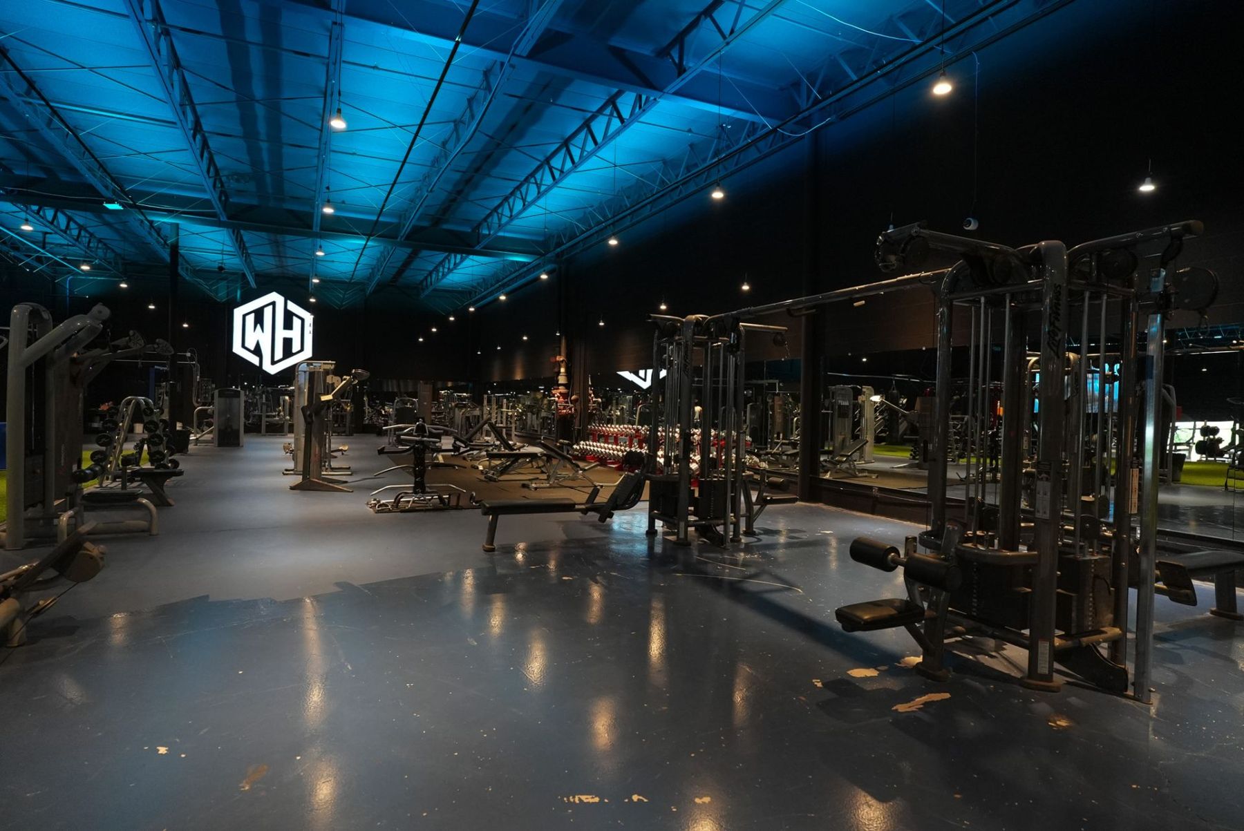 The wide main floor at War House Gym with rows of steel machines and the WH hex mark on the wall